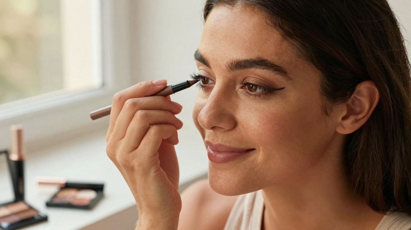 Woman applying eyeliner near a window with makeup products on the windowsill.