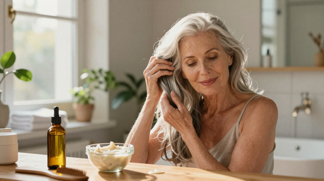 Older woman applying hair oil in a bright bathroom with natural light and plants on the windowsill