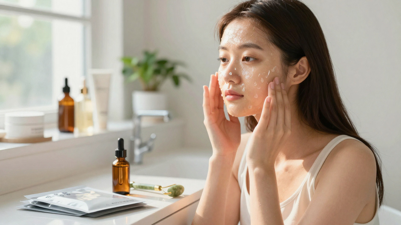 Young woman applying facial serum drops onto her face in a bright bathroom setting.