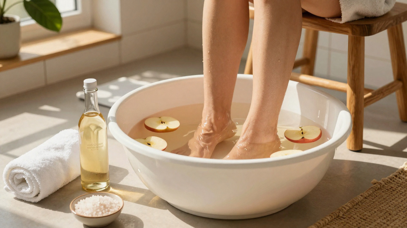Person soaking feet in a white bowl with floating apple slices, next to towel, salt, and a bottle on the floor.