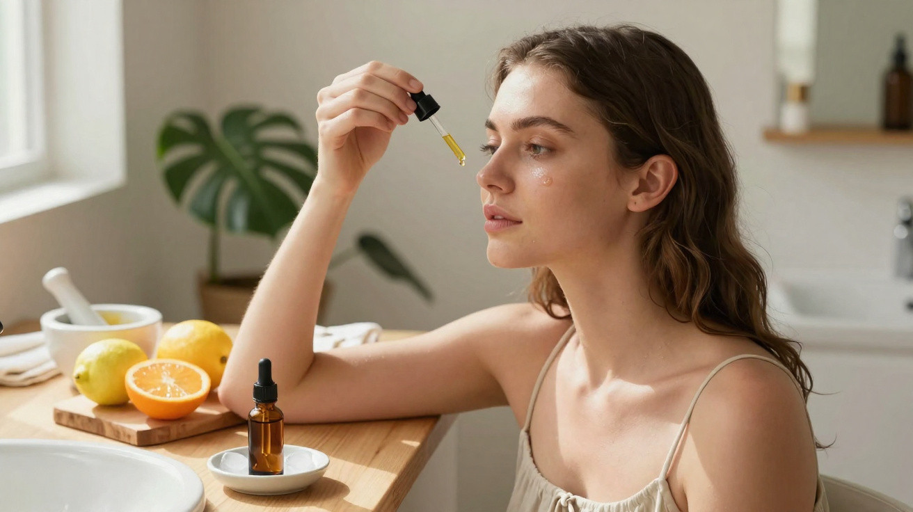 Woman applying facial serum with dropper in a bright bathroom with citrus fruits on the counter