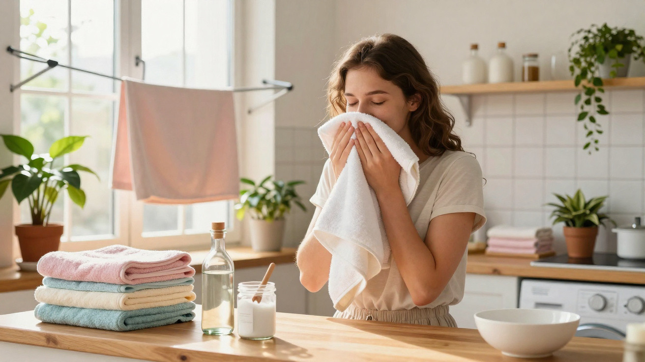 Young woman smelling a white towel in a bright kitchen with folded towels and plants on the counter.