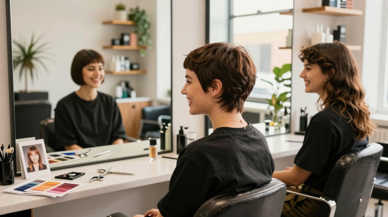 Two women smiling and sitting in front of a salon mirror with hair colour swatches and scissors on the table.