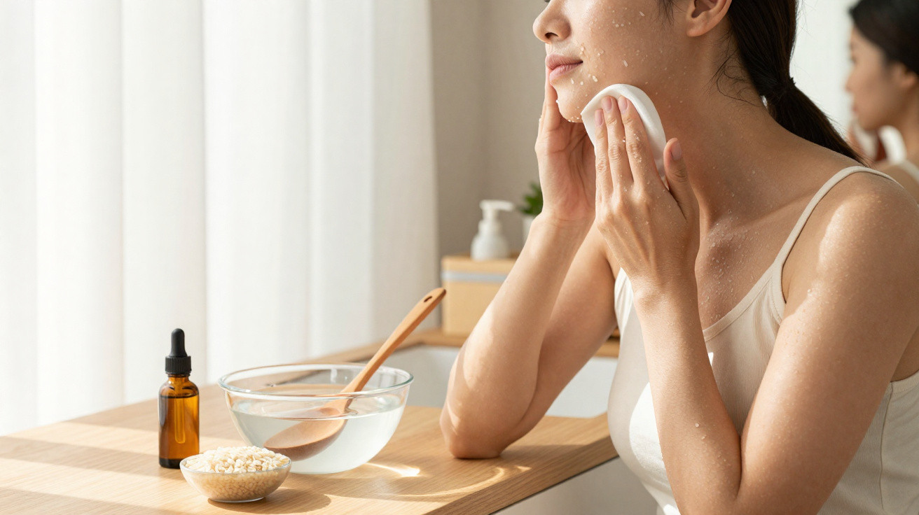 Woman cleansing her face with a cotton pad at a wooden table with skincare ingredients and a bowl of water.
