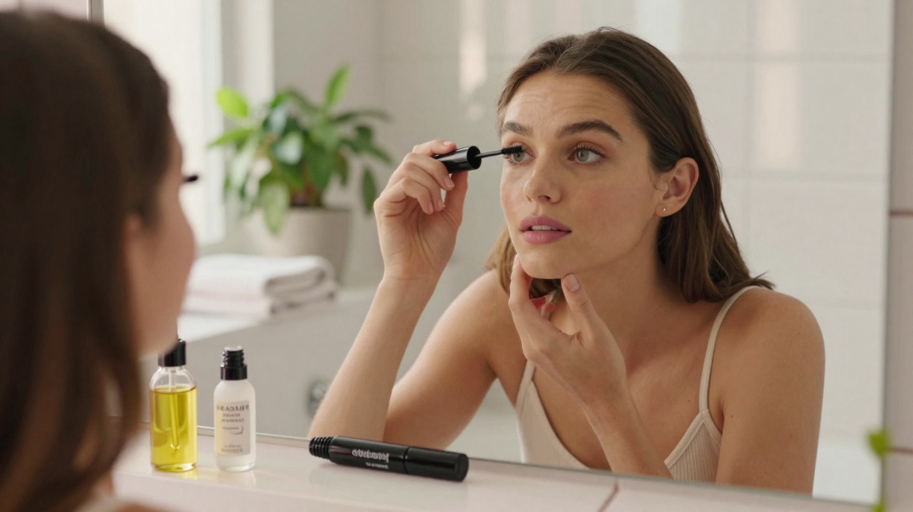 Woman applying mascara while looking in a bathroom mirror with skincare products on the counter.