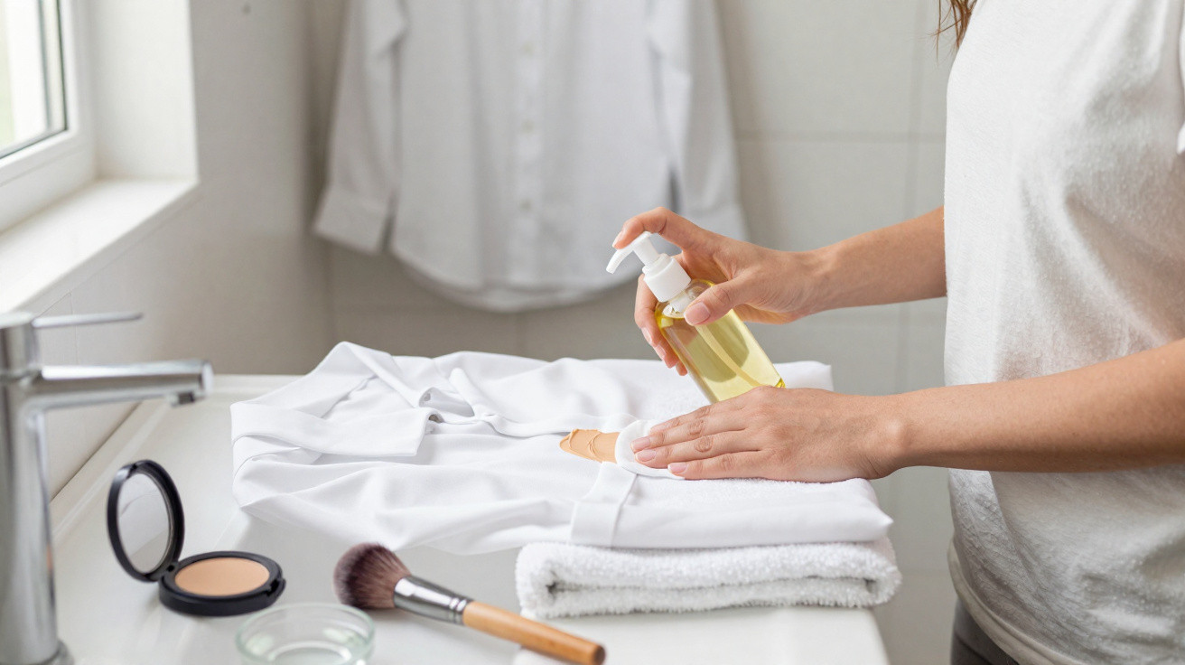 Person applying cleanser from a pump bottle onto a cotton pad in a bright bathroom setting.