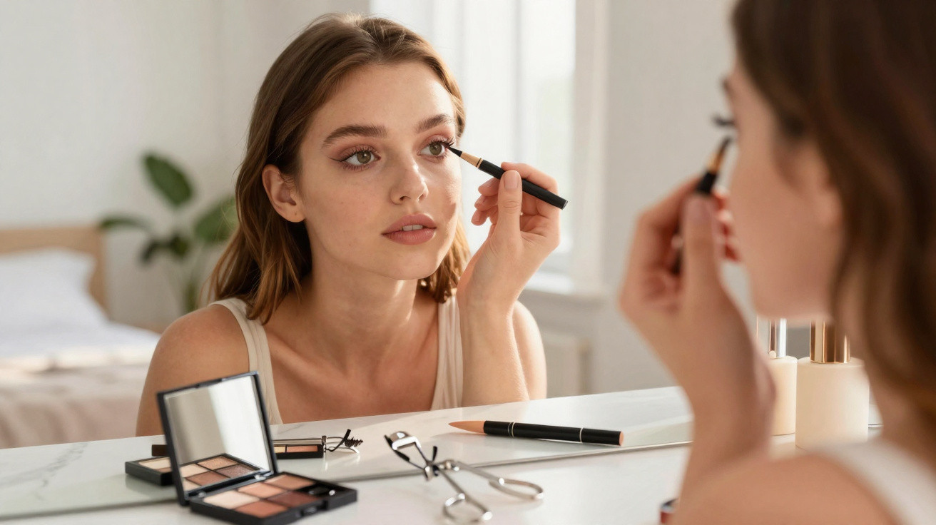 Young woman applying eyeshadow with a brush while looking in a mirror on a white dressing table.