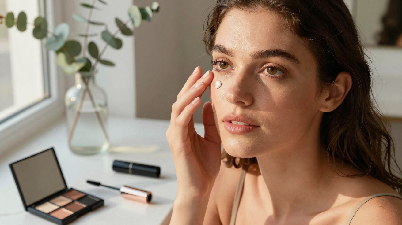 Woman applying face cream near a window with makeup items on a white table in soft natural light.