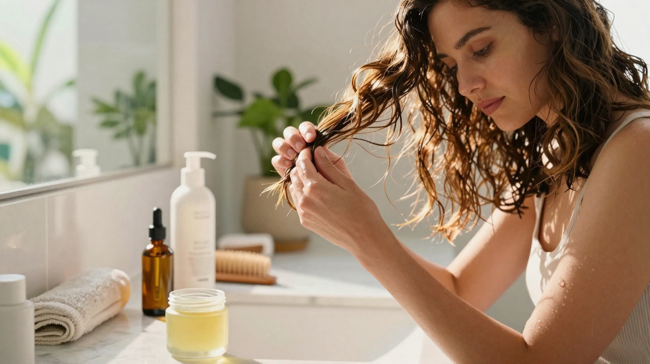 Woman applying hair oil to damp curly hair in a bright bathroom with skincare products on the counter.