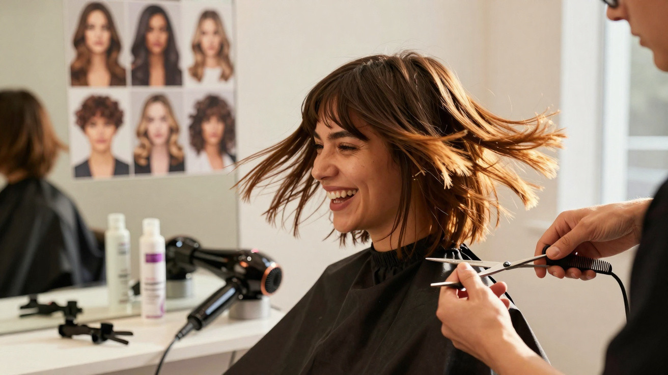 Woman smiling while getting a haircut with scissors at a salon, hair blowing in the air.
