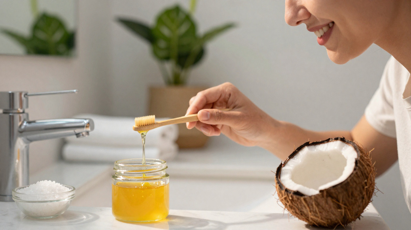 Person holding a bamboo toothbrush dripping honey over a jar next to a halved coconut on a bathroom sink.