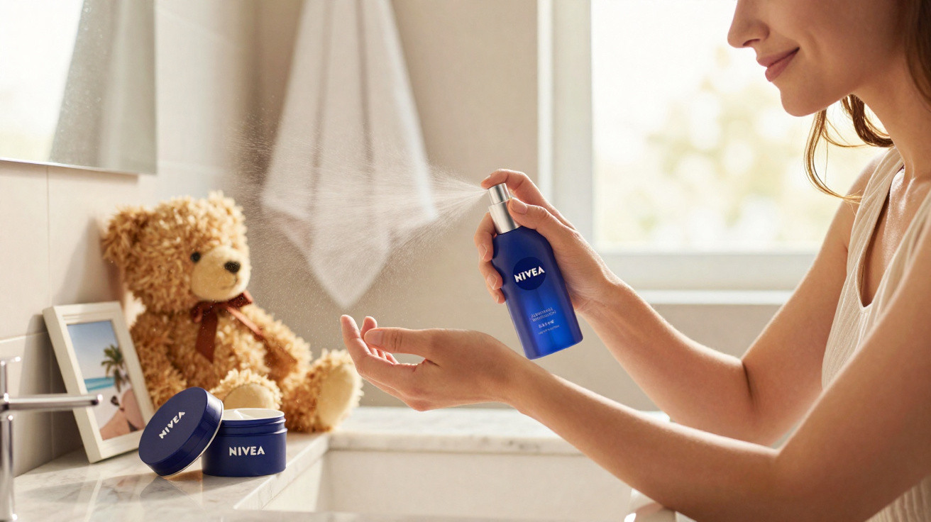 Woman applying Nivea body mist on her hands in a bright bathroom with a teddy bear and skincare products nearby.