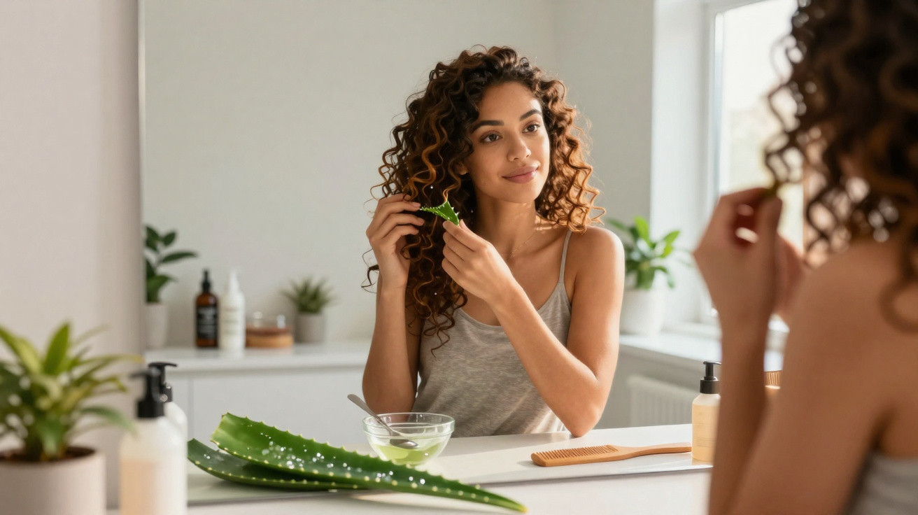 Young woman with curly hair in a grey top applying aloe vera gel in front of a bathroom mirror.
