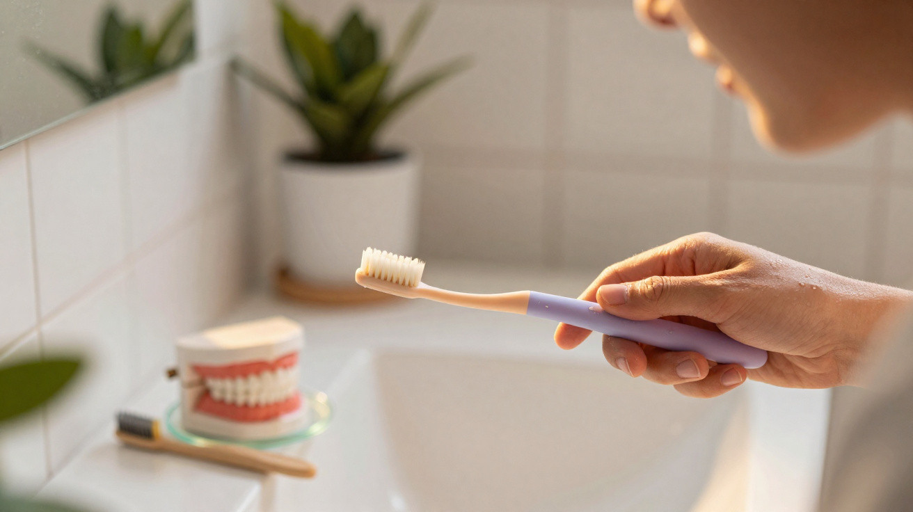 Person holding a toothbrush in a bathroom with a dental model and plants in the background.