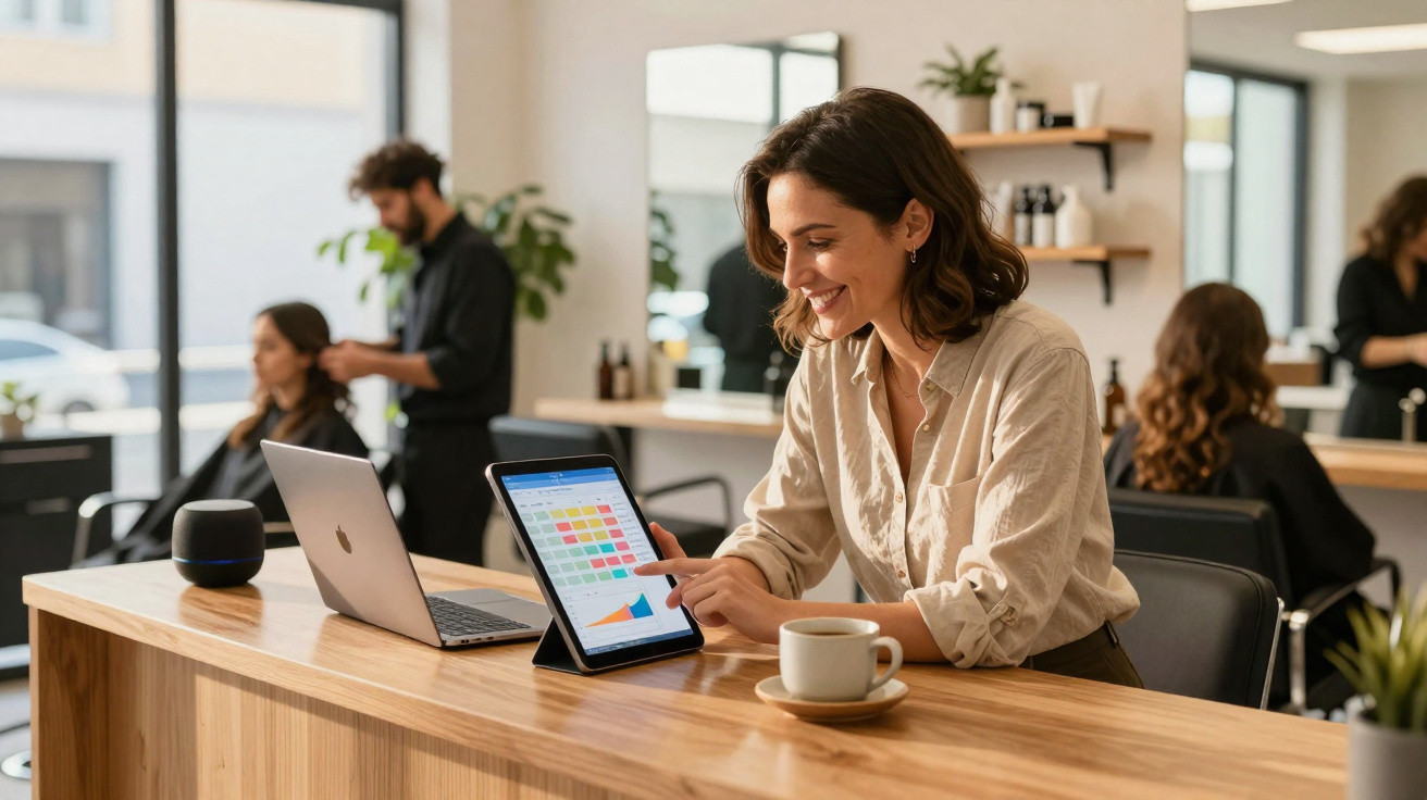 Woman using tablet showing colourful interface at a salon reception desk with staff and clients in background