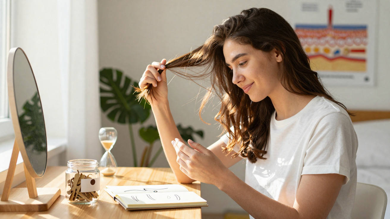 Young woman sitting at a desk examining her hair with a notebook, mirror, and hourglass nearby in natural light.