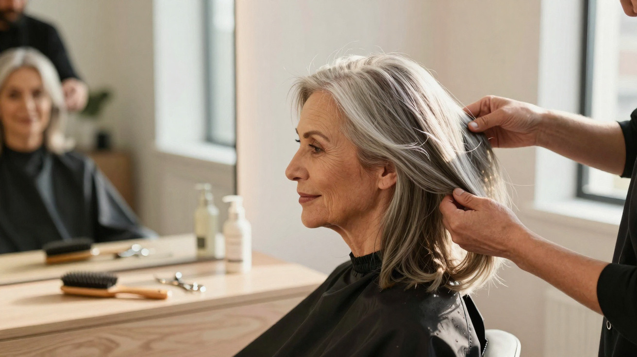 Older woman with grey hair having a haircut in a bright salon with a mirror and hairdressing tools visible