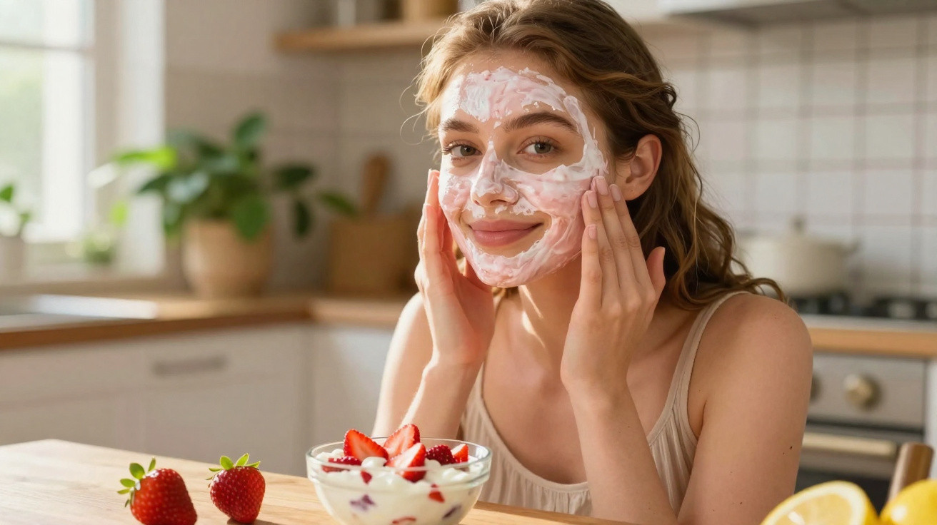 Young woman with a facial mask smiling while sitting at a kitchen table with strawberries and a yogurt bowl.