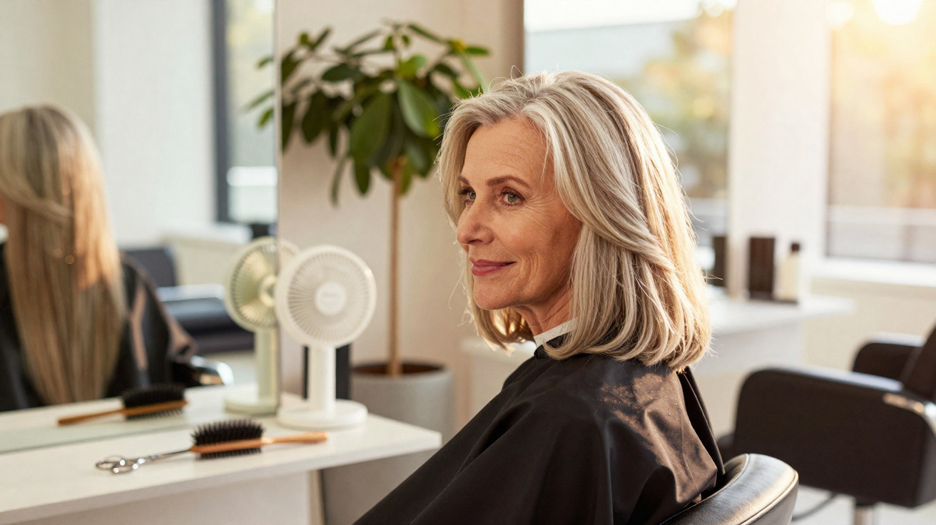Older woman with freshly styled grey hair sitting in a hair salon chair with a reflective mirror behind her.