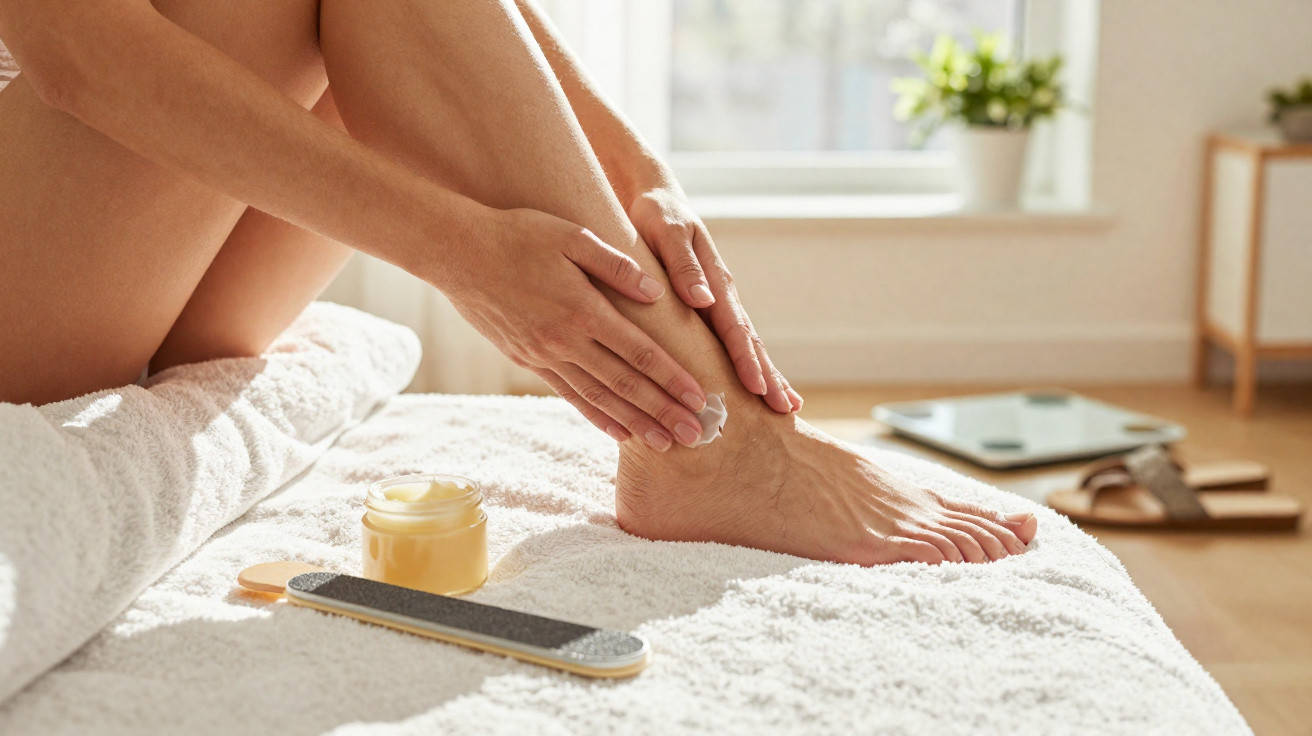 Person applying cream on their foot while sitting on a bed with a nail file and jar of cream nearby