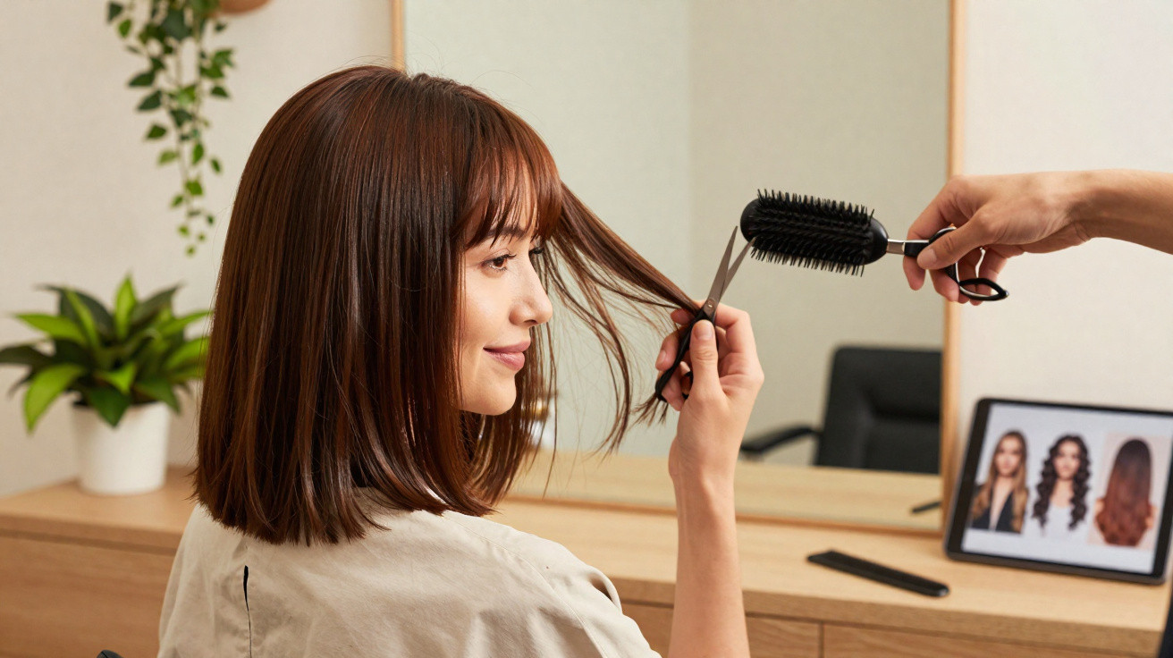 Woman with shoulder-length brown hair holding scissors to cut her hair in front of a mirror with hairstyle images displayed.