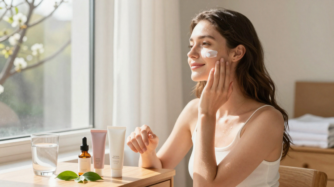 Young woman applying face cream near a sunny window with skincare products on a wooden table.