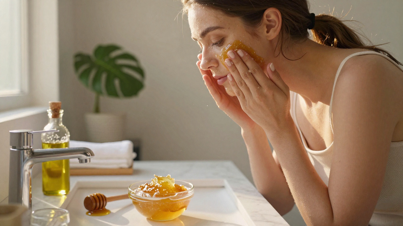 Young woman applying honey face mask in a bright bathroom near a sink with natural light.