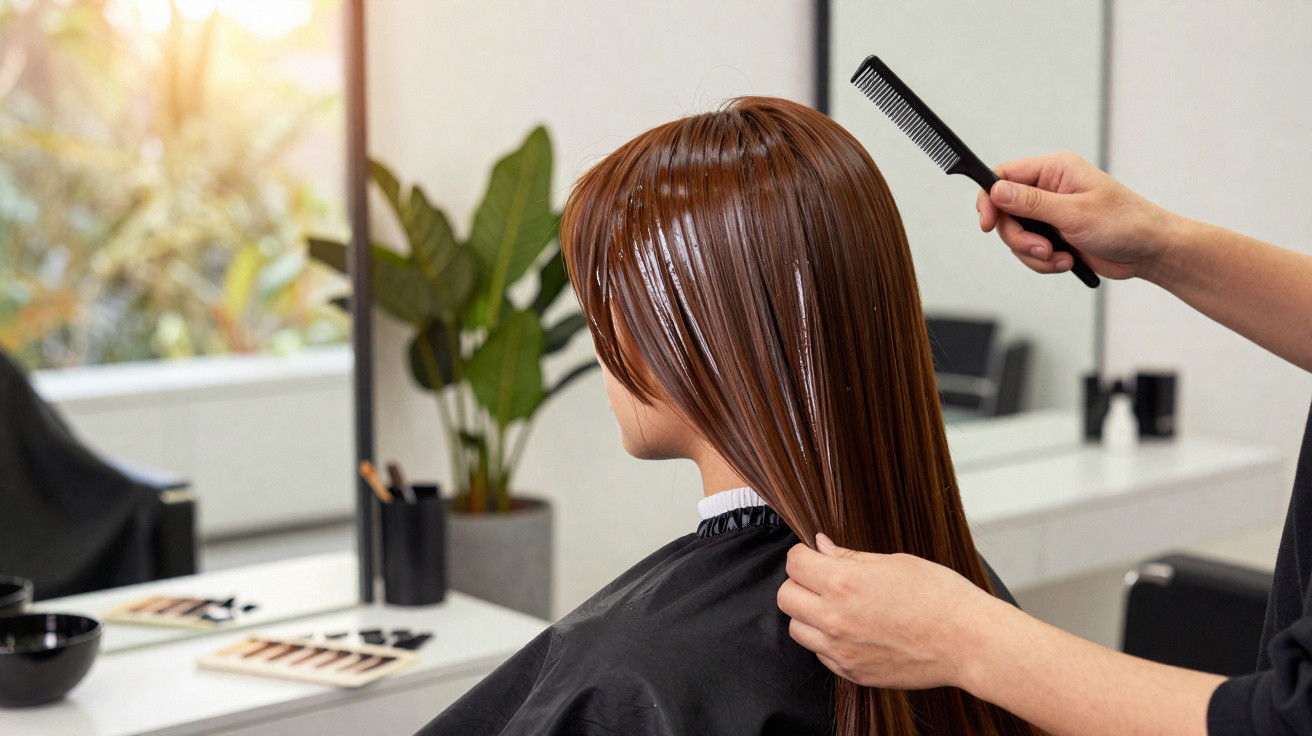 Hairdresser combing wet brown hair of a woman wearing a black salon cape in a modern hair salon.