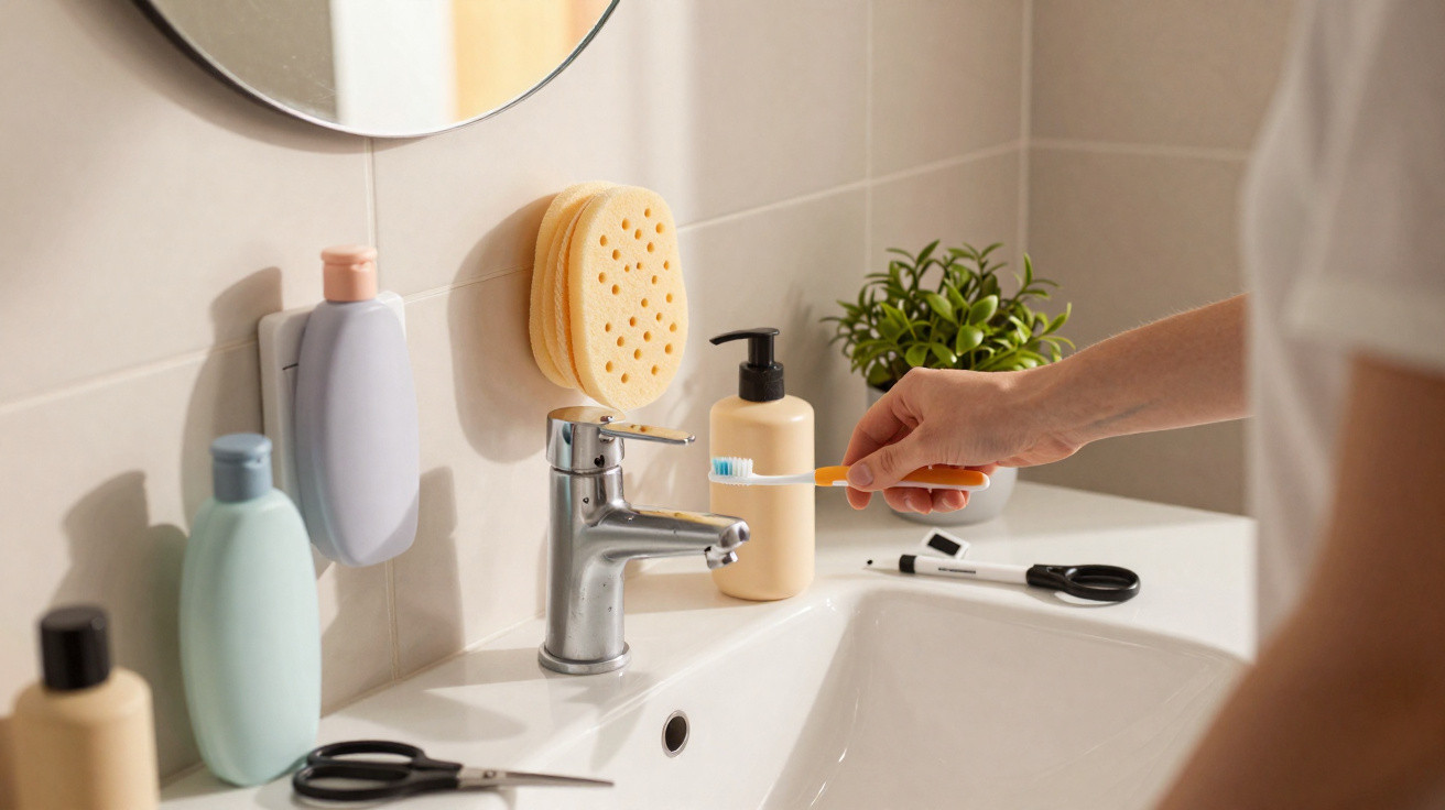 Person holding orange toothbrush near silver faucet in a tidy bathroom sink with toiletries and a small plant.