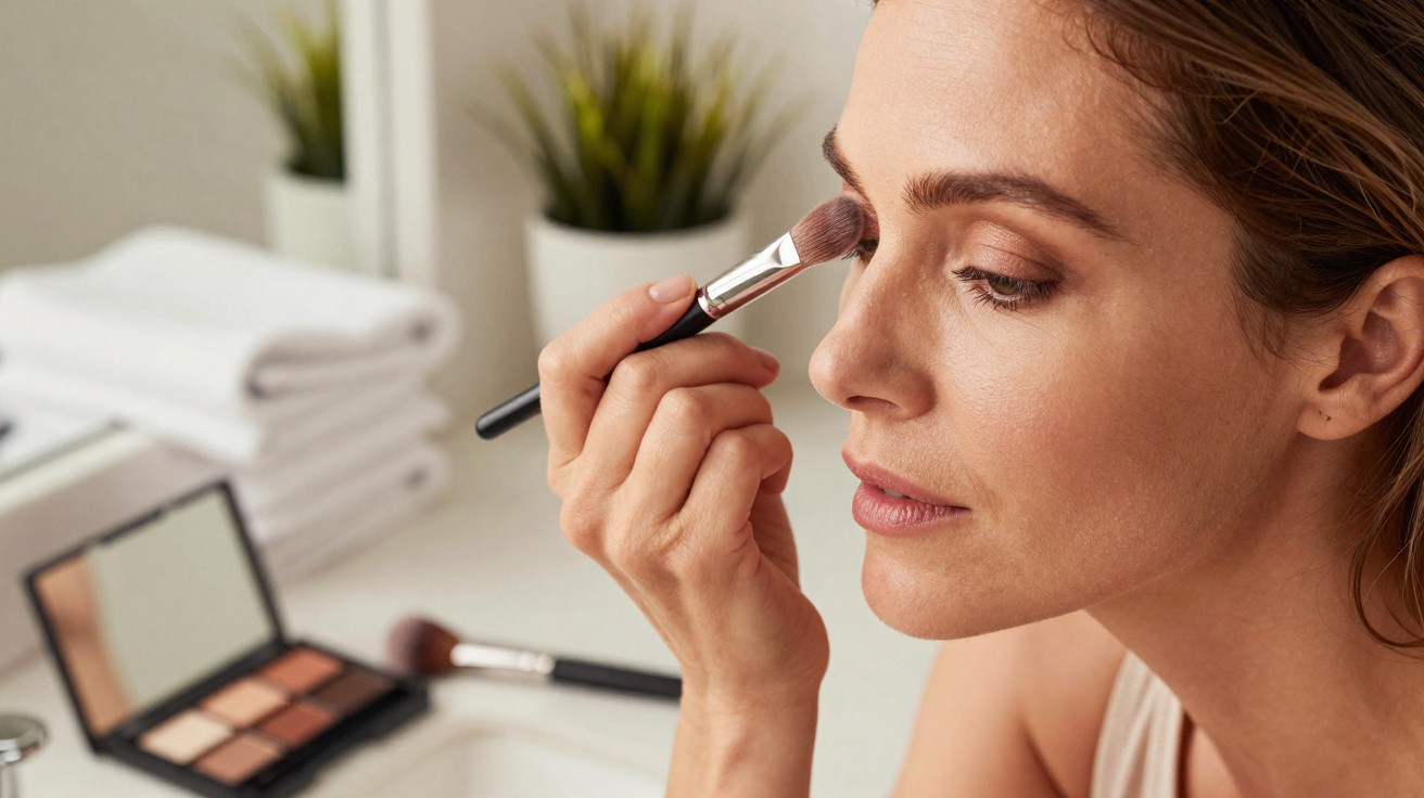 Woman applying eyeshadow with a brush in front of a mirror on a bathroom counter.
