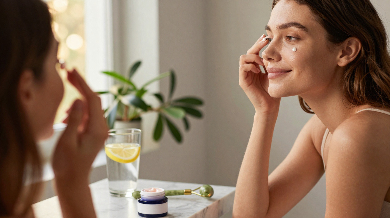 Woman applying face cream while looking into a mirror in a bright room with a glass of lemon water nearby.