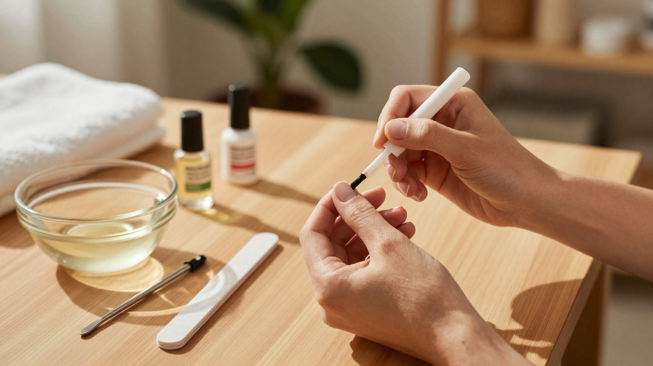 Person applying clear nail polish with manicure tools and a bowl of oil on a wooden table.