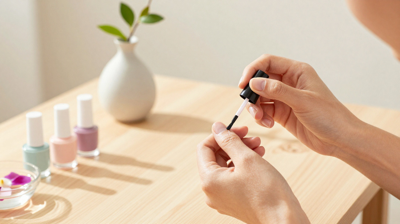 Person applying clear nail polish on fingernail at wooden table with pastel nail polishes and small vase nearby