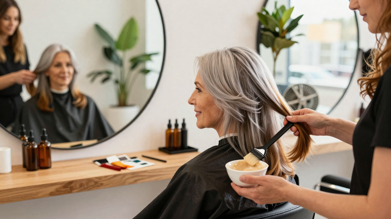 Woman with grey hair having hair dye applied by a hairdresser in a salon, visible through a round mirror.