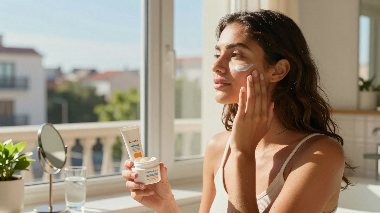 Woman applying facial cream near window in bright room holding skincare products in hand