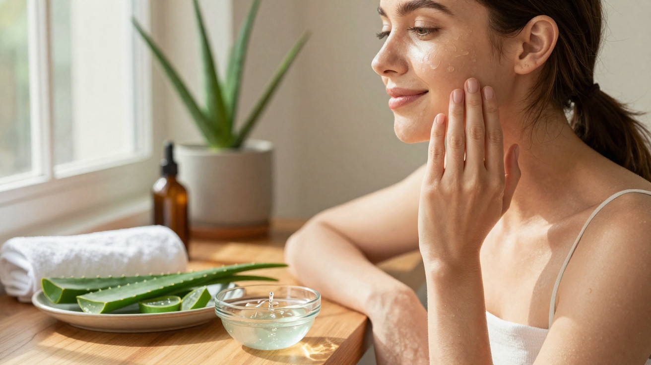 Woman applying aloe vera gel to her face in a bright room with aloe plant and skincare items on the table.