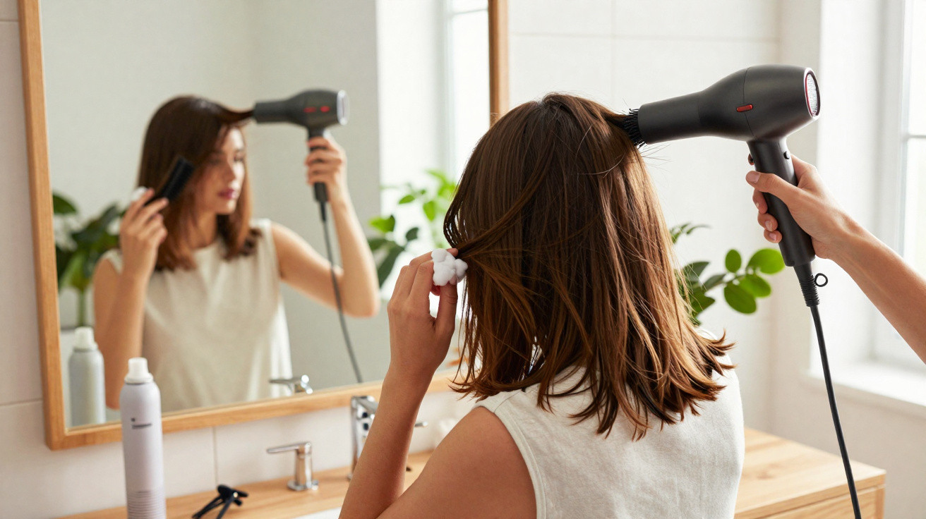 Woman drying her shoulder-length brown hair with a hairdryer in a bathroom mirror reflection.