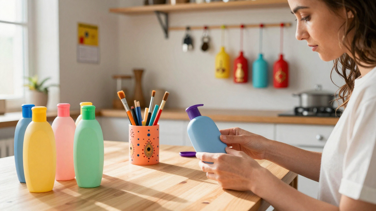 Woman examining blue lotion bottle at kitchen table with colourful bottles and paintbrushes in holder nearby