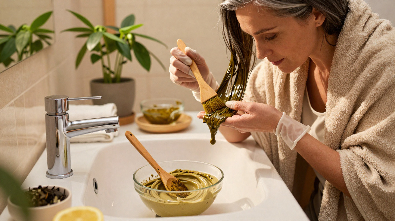 Woman applying a homemade green hair mask in a bathroom while wearing a bathrobe and gloves.