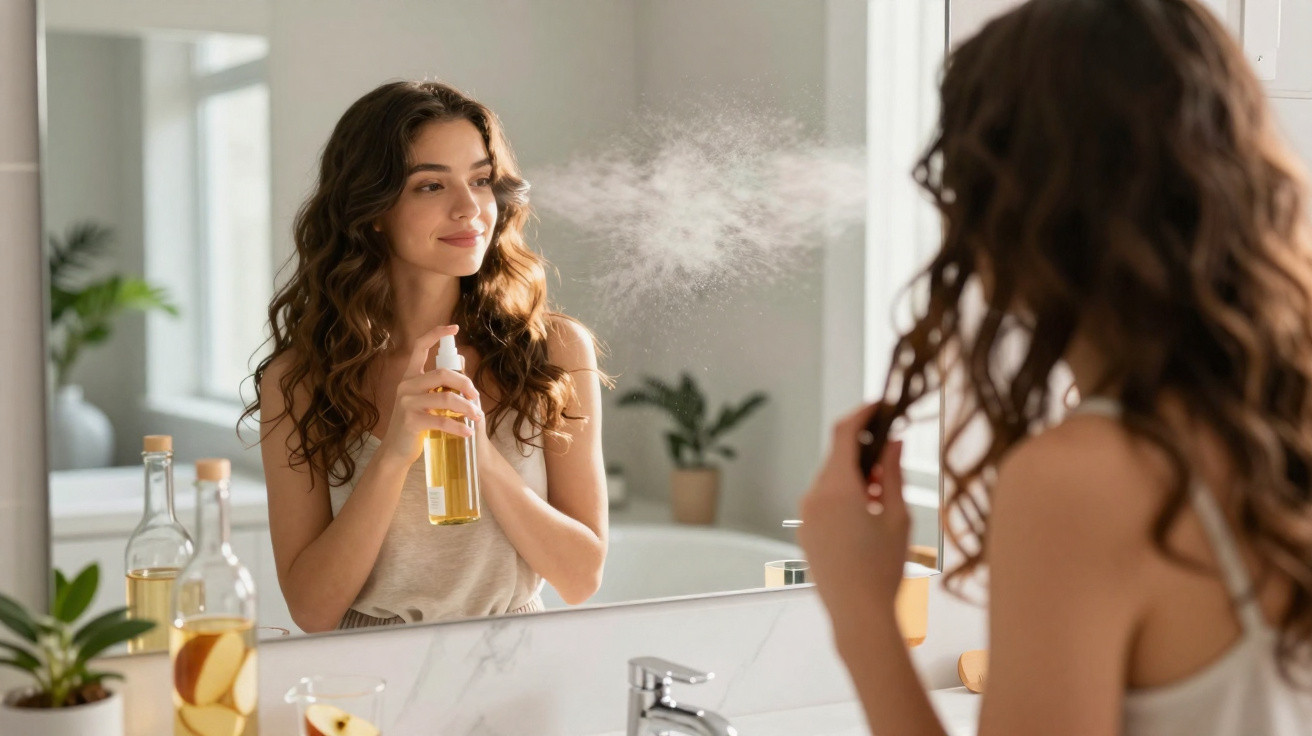 Young woman spraying hair product in front of bathroom mirror with plants and bottles on the counter.