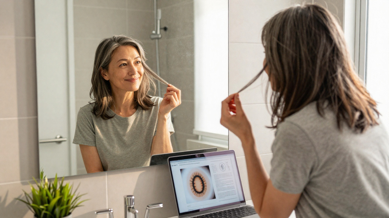Middle-aged woman with grey hair touching her hair while looking in the bathroom mirror with a laptop open on the sink.