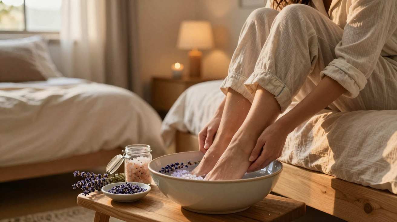 Person soaking feet in a bowl with bath salts and lavender in a cosy, softly lit bedroom.