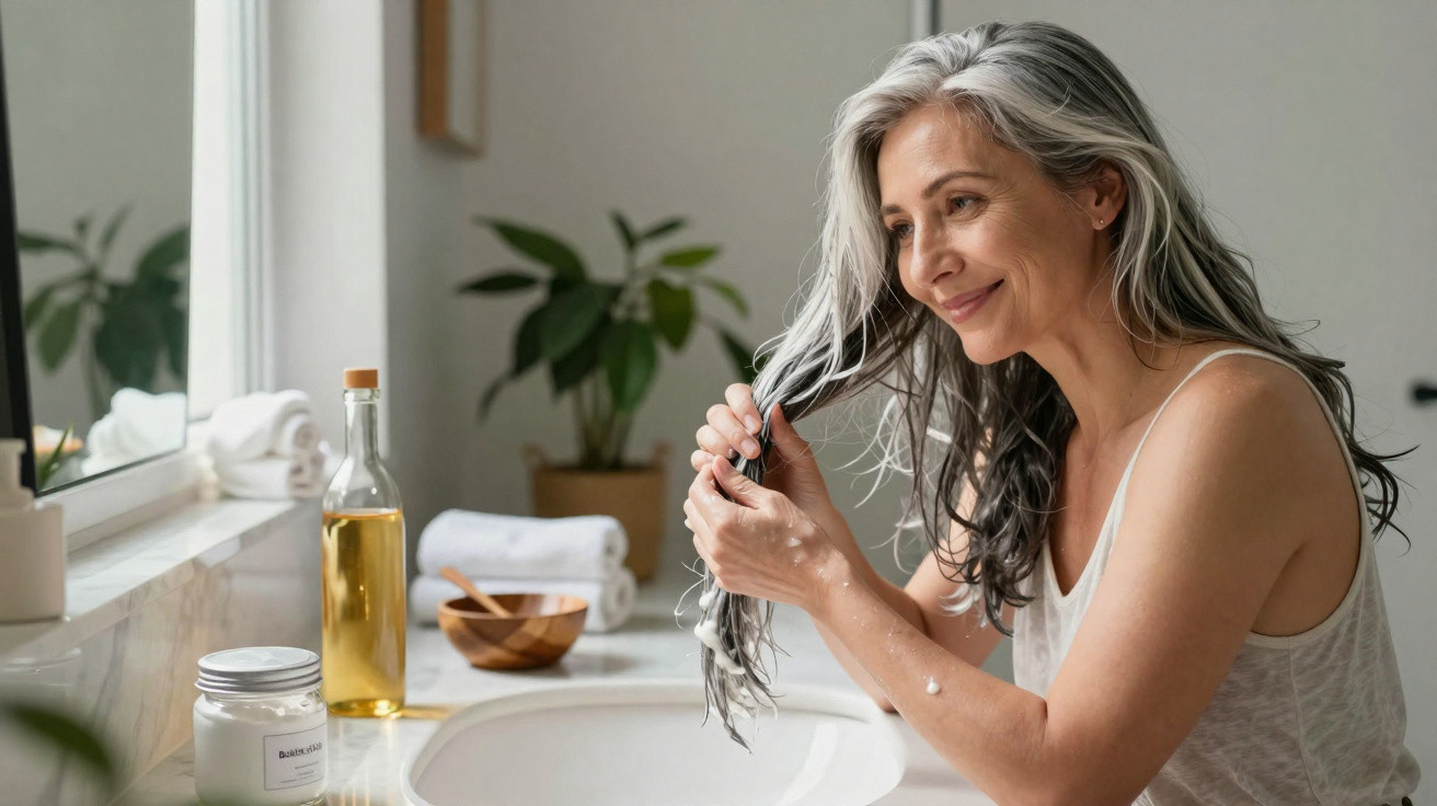 Mature woman with wet grey hair smiling while applying hair treatment in a bright bathroom by the sink.