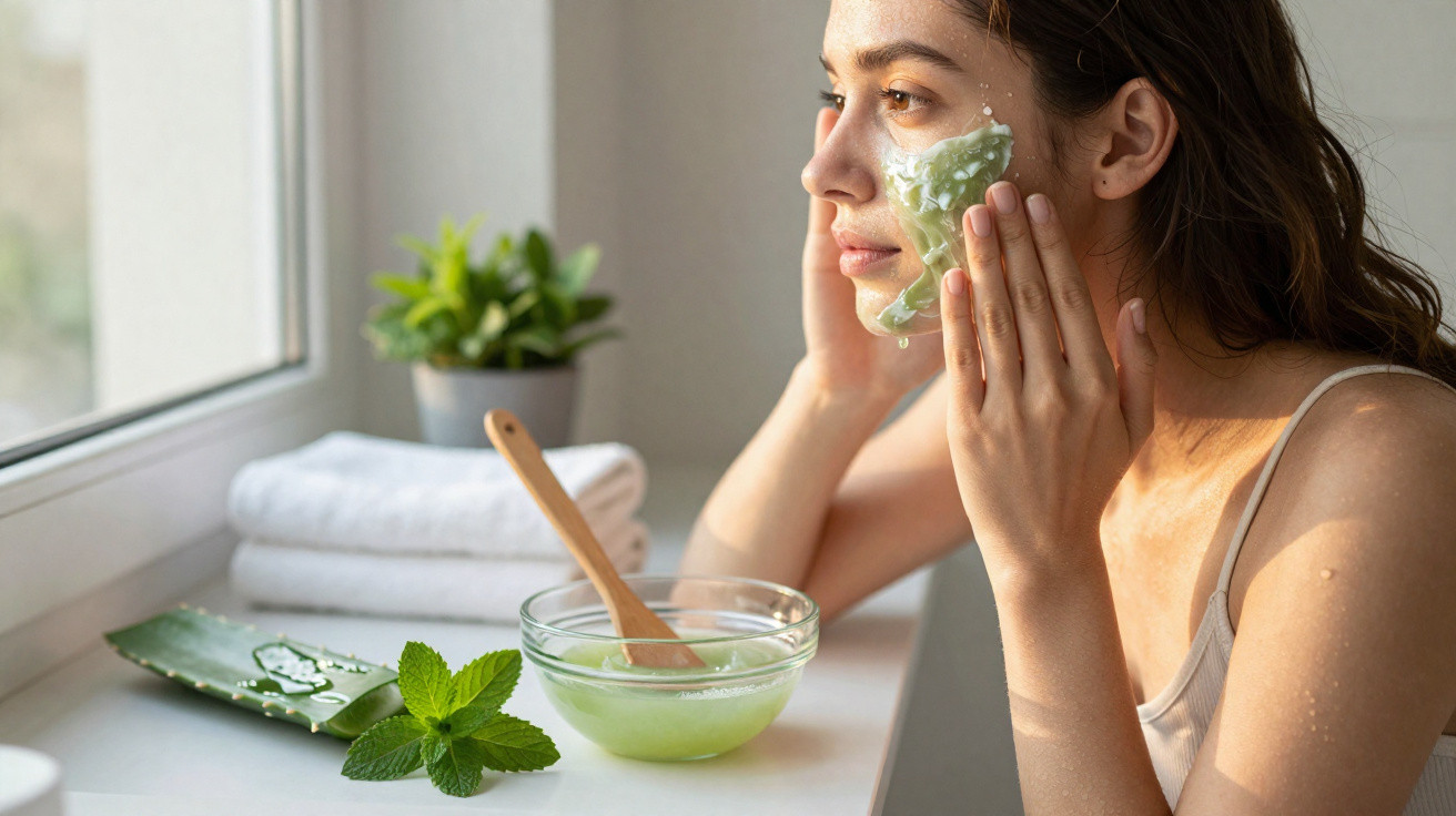 Woman applying green aloe vera face mask near window with aloe plant and towels on table