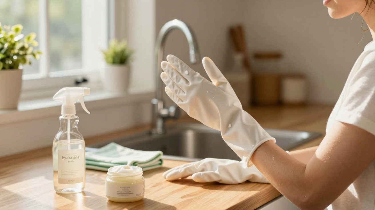 Person wearing white rubber gloves at kitchen sink with cleaning spray and cream on wooden counter