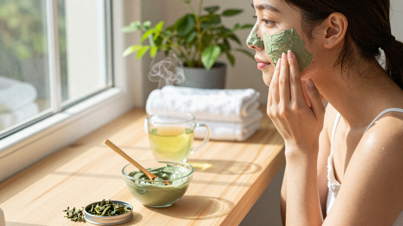 Woman applying green clay face mask beside steaming cup of tea on wooden table by window