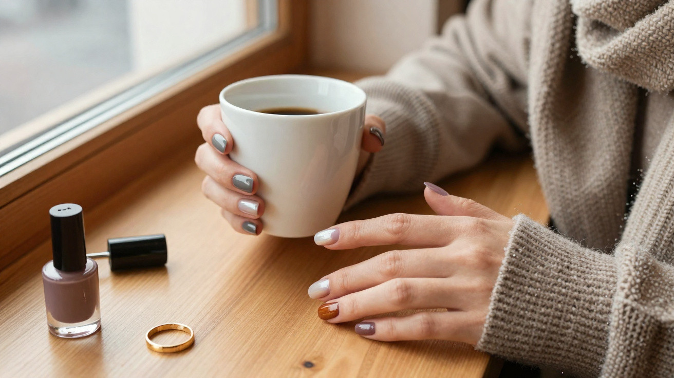 Person holding a white cup of coffee by a window with multi-coloured painted nails, nail polish, and a gold ring on a wooden 