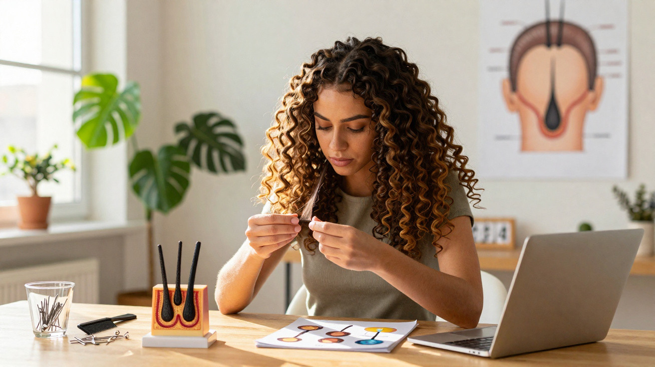 Young woman studying hair follicle model and diagrams at desk with laptop in bright room.