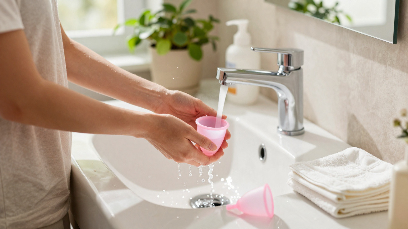 Person holding a pink menstrual cup under running water in a bathroom sink for cleaning.