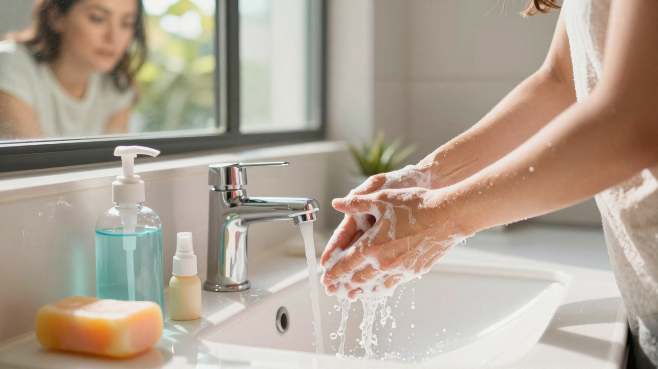 Person washing soapy hands under running water at a modern bathroom sink with toiletries nearby.